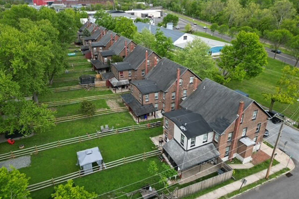 Aerial view of a row of townhouses.